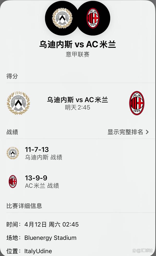 AC米兰客场击败乌迪内斯，稳居积分榜榜首